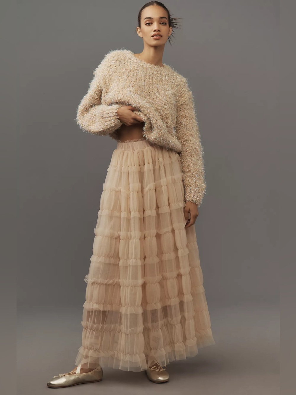 By Anthropologie Shirred Tulle Maxi‎ Skirt size s tan light sand